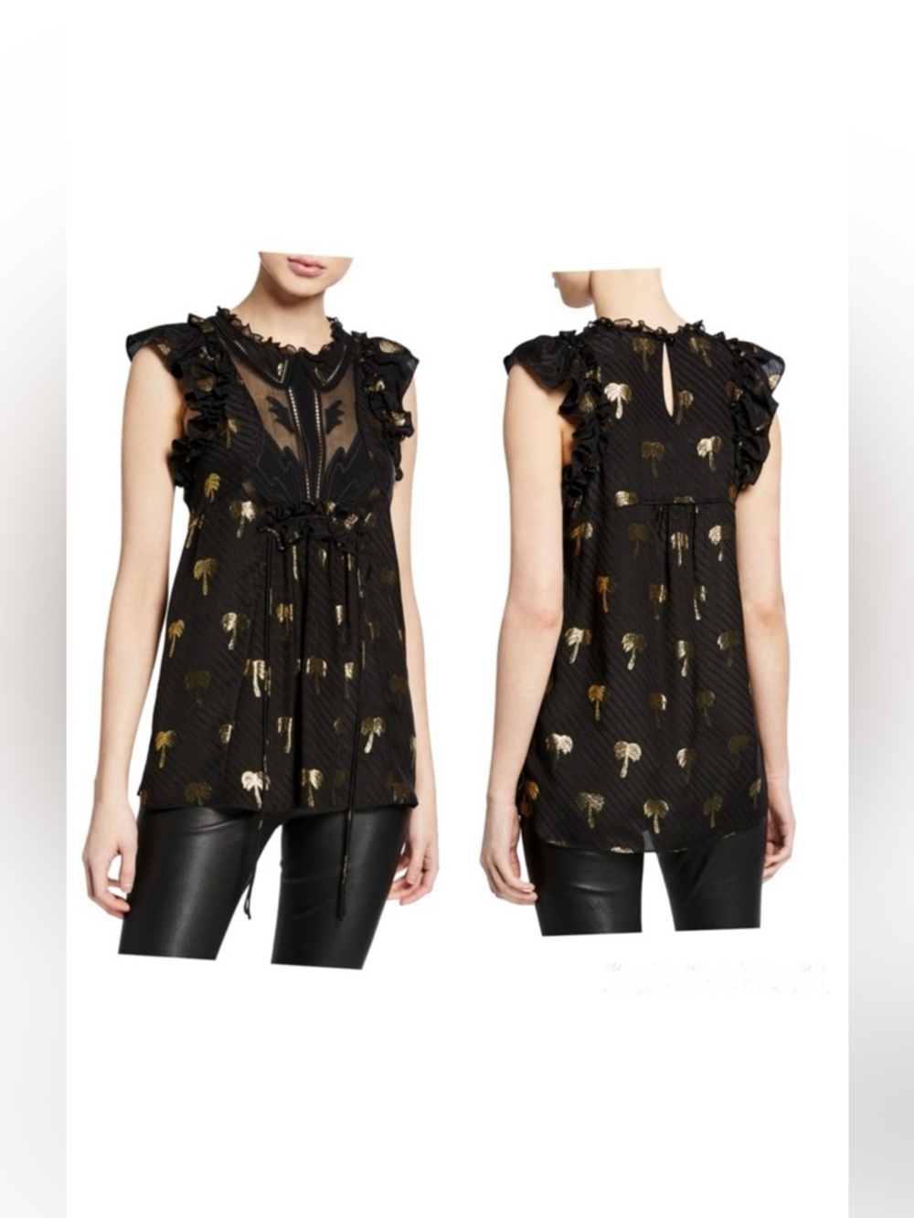 Coach 1941 Blouse Palm Tree Silk Tank Top Fil Coupe Metallic Black Wednesday